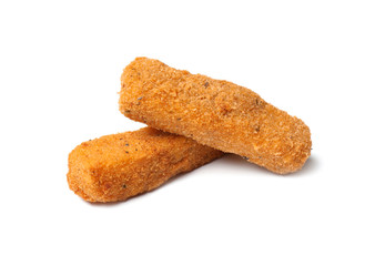 Tasty crispy cheese sticks isolated on white