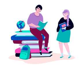 Teenagers reading - modern colorful flat design style illustration