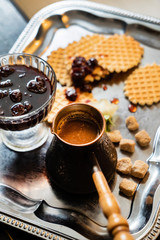 Fototapeta na wymiar tasty breakfast - waffles, coffee and jam