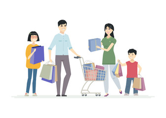 Happy Chinese family doing shopping - cartoon people characters illustration