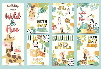 Green birthday card with giraffe,zebra and standing,cake,palm and balloon