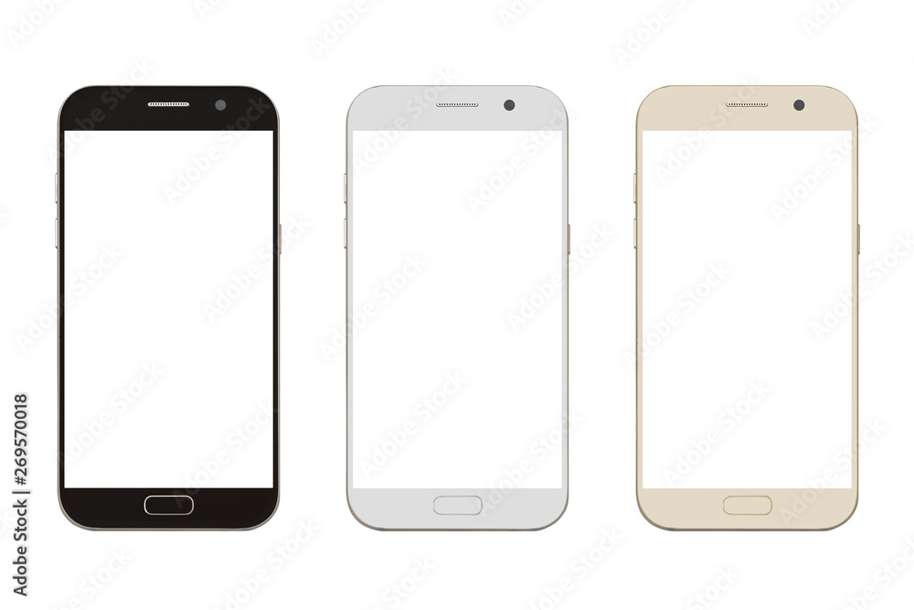 Wall mural three corlor smart phone with blank screen isolated on white