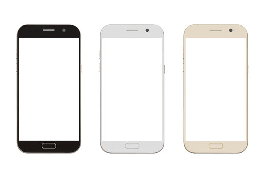 three corlor smart phone with blank screen isolated on white