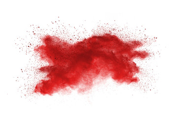Red powder explosion on white background. Colored cloud. Colorful dust explode. Paint Holi.