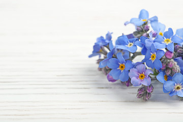 Amazing spring forget-me-not flowers on white wooden background. Space for text