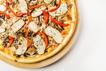 tasty pizza on the white, top view