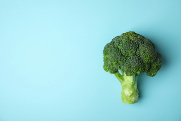 Fresh green broccoli on color background, top view. Space for text