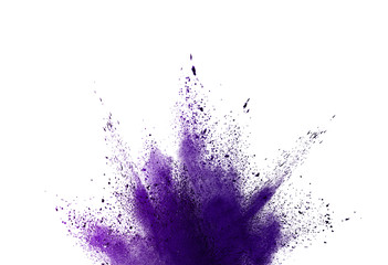 Freeze motion of purple color powder exploding on white background.