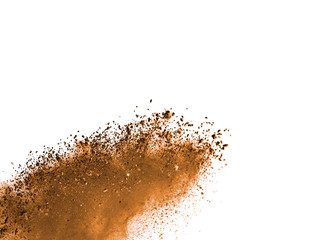 Brown powder explosion isolated on white background.