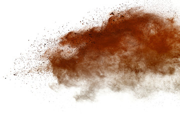 Fototapeta na wymiar Brown powder explosion isolated on white background.