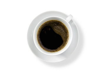 White mug of black coffee top view isolated on a white background. File contains with clipping path