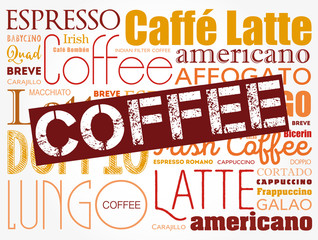 List of coffee drinks words cloud, poster background
