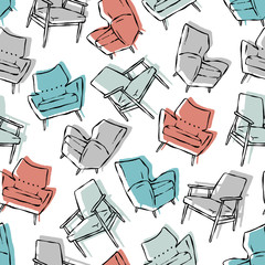 Vector mid century chairs seamless pattern. Retro background ideal for home decor and wallpaper.