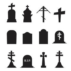 Gravestones and tombstones icons set isolated on white background