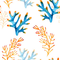 High quality watercolor seamless pattern with underwater life objects. It can be used for wallpaper, background, print, textile design, wrapping paper, cover.