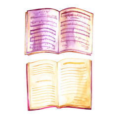 Open Book and notes. Watercolor old books on isolated background