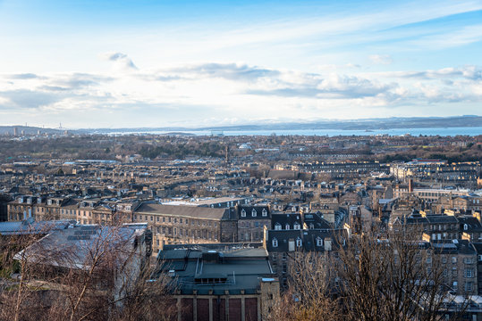 View of Edinburgh and the Firth of Forth from Calton Hill on a winter day
