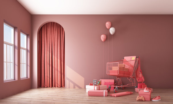 Interior Space with supermarket shopping cart surrounding by giftbox on pink background. Concept design. 3d rendering