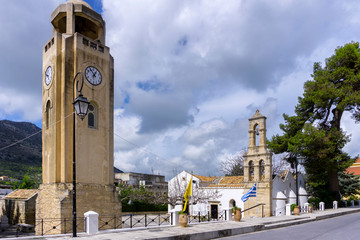Archanes, Crete Island / Greece. The Venetian church of Virgin Mary (Panagia Kera or Faneromeni) is located near the entrance of the town of Archanes. Clock tower chimes every hour during the day