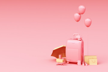 Suitcase with traveler accessories on pink background. travel concept. 3d rendering
