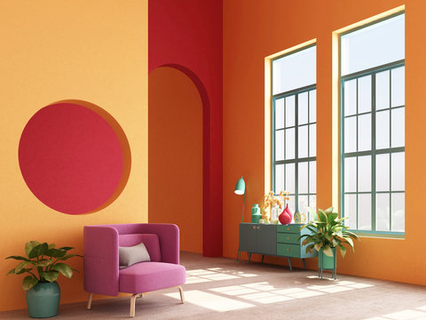 Interior Concept Of Memphis Design Colorful, Armchair With Console And Prop. 3d Render