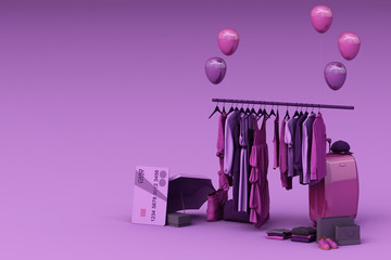 Clothes on a hanger surrounding by bag and market prop with credit card on the floor. 3d rendering