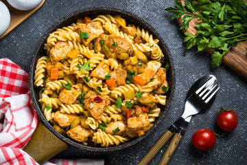 Pasta with Chicken and vegetables, top view.