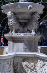 Heraklion, Crete / Greece. Morosini Fountain (the so called Lions Fountain) at Kallergon Square (Lions Square) in Heraklion city. Venetian fountain with four lions with water gushing from their mouths