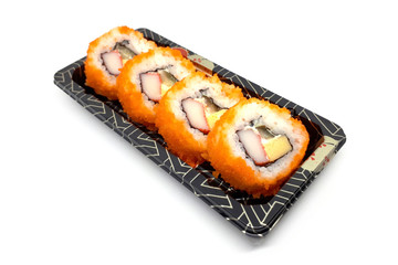 california sushi rolls set in plastic package isolated on white