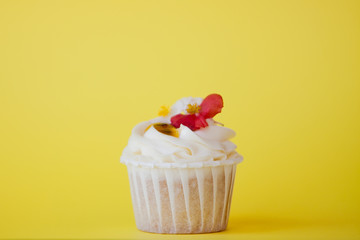 Sweet dessert on pink background, copy space. Cupcake with cream, beautiful and delicious.