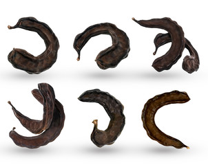Close-up dried brown carob fruits isolated on white background. Healthy cocoa substitute.