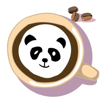 A cup of coffee, with cream, the image of a panda on the cream, color vector image, the design of cafes and restaurants, catering shops
