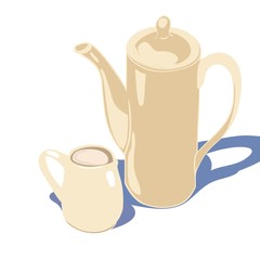 Milk jug with cream for morning coffee, large coffee pot, brightly lit by the sun, part of the coffee set, vector illustration, for cafes and restaurants