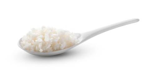 cooked rice in white spoon on isolated white background