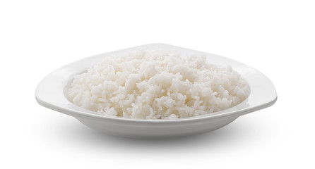 Cooked Jasmin Rice in white plate on white background