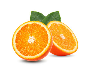 Ripe half of orange citrus fruit with leaf isolated on white background Full depth of field
