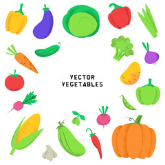 Set with hand drawn colorful doodle vegetables. Sketch style vector collection. Vegetables flat icons set cucumber, carrot, onion, tomato