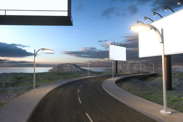 Blank advertising board and winding road, 3d rendering