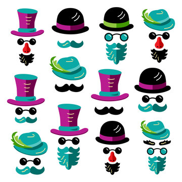 Set of men images with hats, glasses, mustaches and beards. Flat style vector illustration.