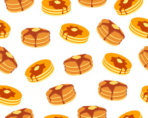 Seamless pattern of pancakes with butter and maple syrup sweet on white background