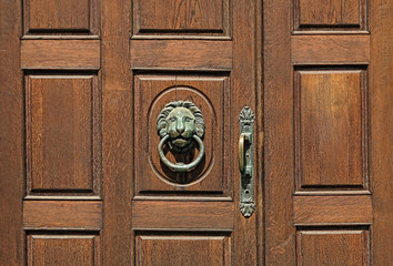 Door knocker with lion. wooden door lion lock. Decorative door handle in form of bronze lion head on old wooden entrance door. 