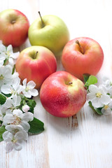 Ripe apples and Apple flowers on white wooden background. concept of harvest, farm fresh product. 