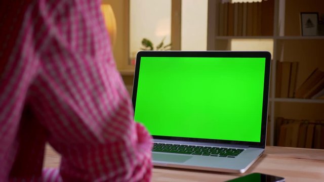 Closeup back view shoot of indian young businessman using the laptop with green screen in the office indoors