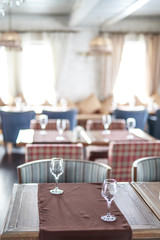 the interior of cafe in bright colors