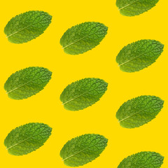 Seamless pattern of mint leaves on yellow