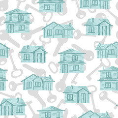 Vector houses and keys seamless pattern. Background ideal for home decor and wallpaper.