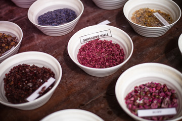 Porcelain bowls with samples of precious and semiprecious stones in a jewelry factory in Halle Sri Lanka