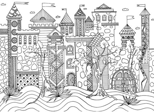 coloring of a fairytale castle, house and pond, trees for children and adults, drawn in black ink with fine details on a white background, antistress series