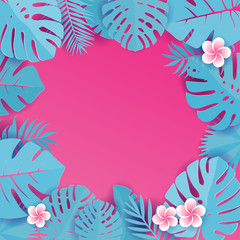 Fototapeta na wymiar Abstract background with blue cyan tropical leaves. Jungle patternwith frangipani flowers. Floral caper cut design background. Vector square illustration with space for text. Tropical greeting card.