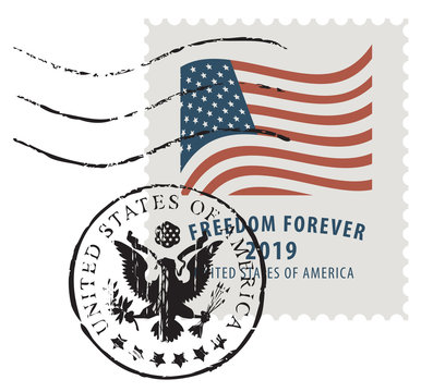 Vector illustration of a USA postage stamp in retro style with an american national flag and inscription Freedom forever. Scratched postmark in form of coat of arms.